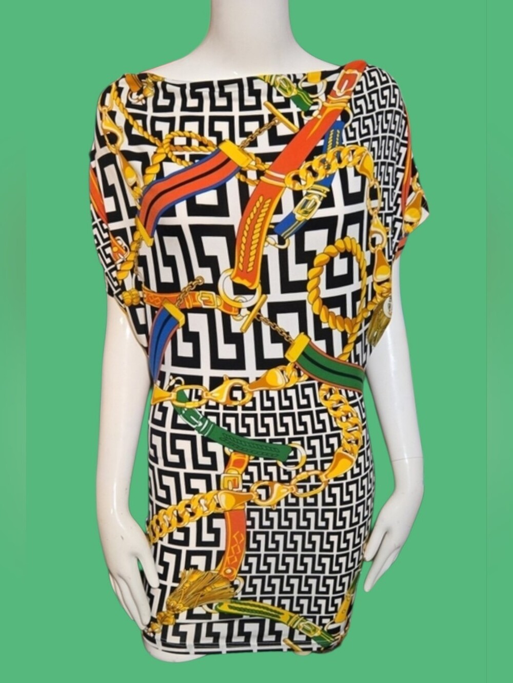 Chain-Print Black and Multicolor Mini Dress